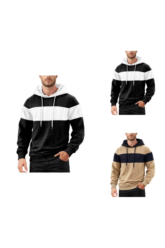 Men's Interlock Knit Color Block Hoodie, Casual Jacquard Textured Pullover with Drawstring, Loose Fit Winter Sweatshirt for Everyday Wear