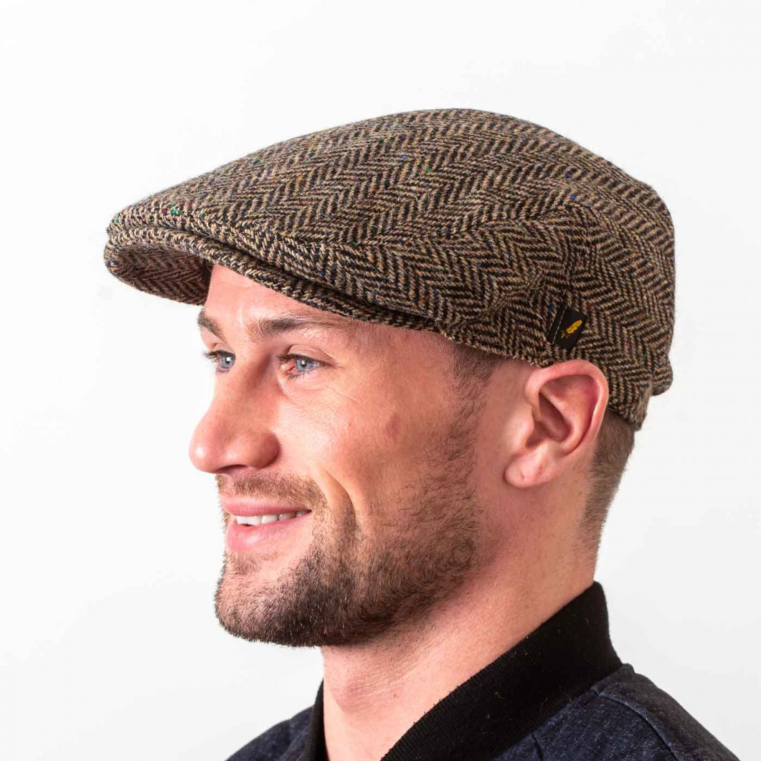 Men’s Irish Donegal Tweed Flat Cap – Authentic Irish Hat Made in Ireland, Beige Herringbone