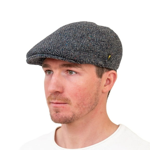 Men’s Irish Donegal Tweed Flat Cap – Authentic Irish Hat Made in Ireland, Blue/Grey Herringbone