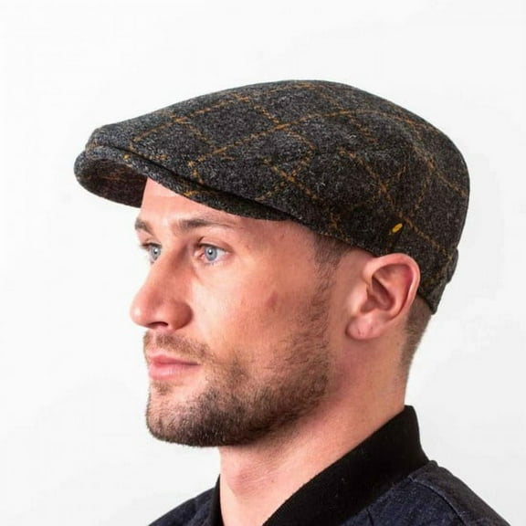 Men’s Irish Donegal Tweed Flat Cap – Authentic Irish Hat Made in Ireland, Charcoal Check