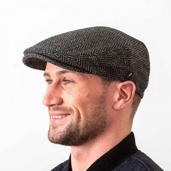Men’s Irish Donegal Tweed Flat Cap – Authentic Irish Hat Made in Ireland, Charcoal Herringbone