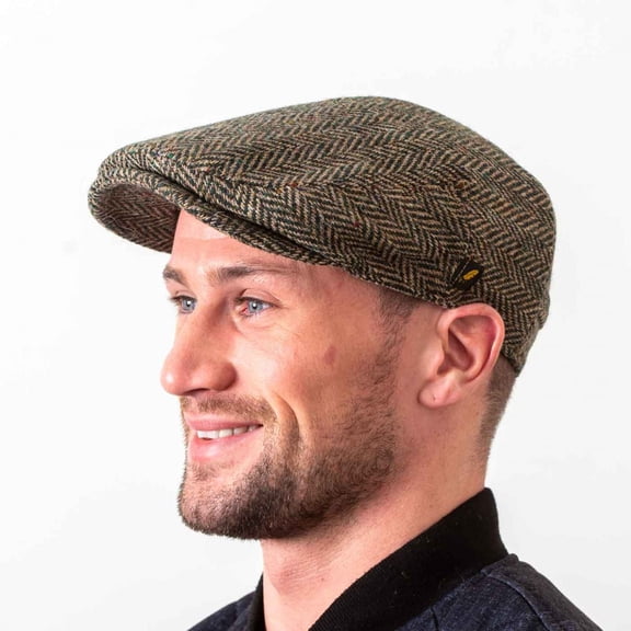Men’s Irish Donegal Tweed Flat Cap – Authentic Irish Hat Made in Ireland, Dark Green Herringbone
