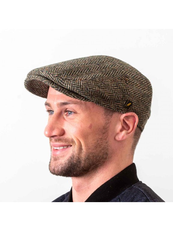 Men’s Irish Donegal Tweed Flat Cap – Authentic Irish Hat Made in Ireland, Dark Green Herringbone