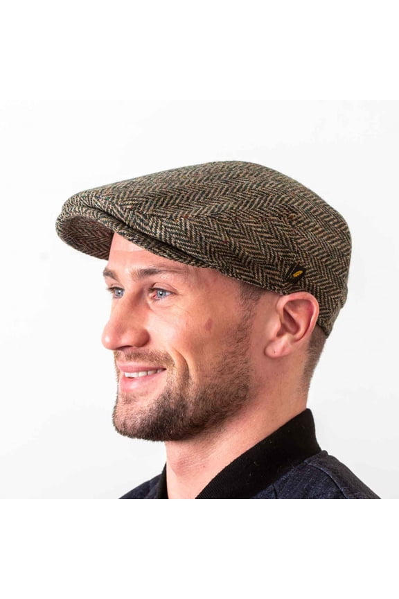 Men’s Irish Donegal Tweed Flat Cap – Authentic Irish Hat Made in Ireland, Dark Green Herringbone