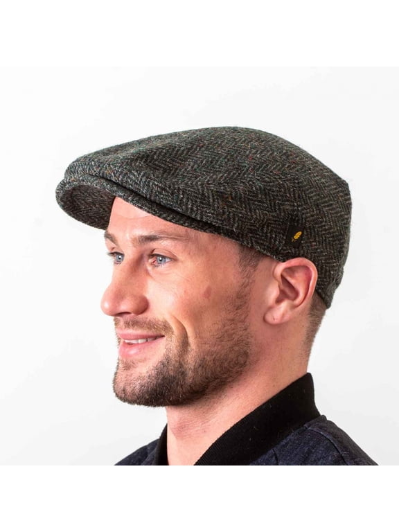 Men’s Irish Donegal Tweed Flat Cap – Authentic Irish Hat Made in Ireland, Green Herringbone