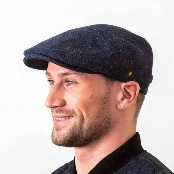 Men’s Irish Donegal Tweed Flat Cap – Authentic Irish Hat Made in Ireland, Navy Herringbone