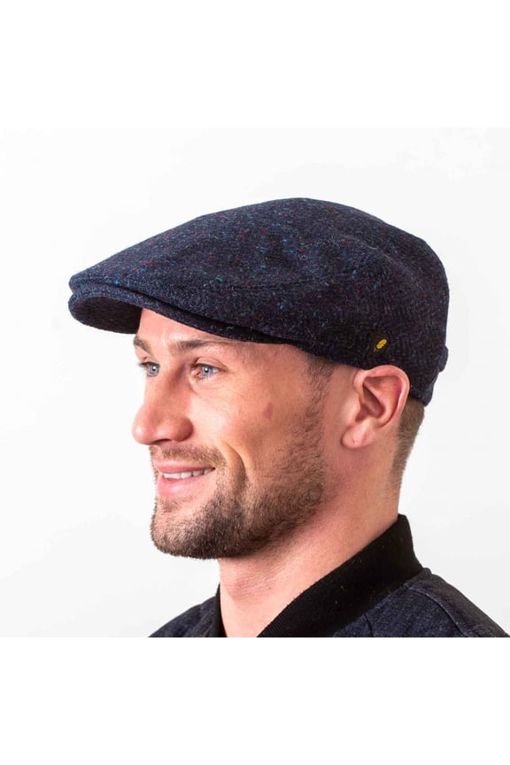 Men’s Irish Donegal Tweed Flat Cap – Authentic Irish Hat Made in Ireland, Navy Herringbone