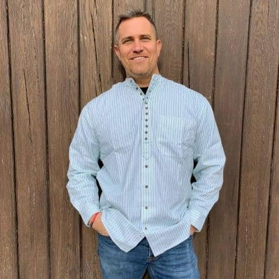 Men's Irish Grandfather Shirt- Long Sleeve, Green and Gray Pinstripe, Medium