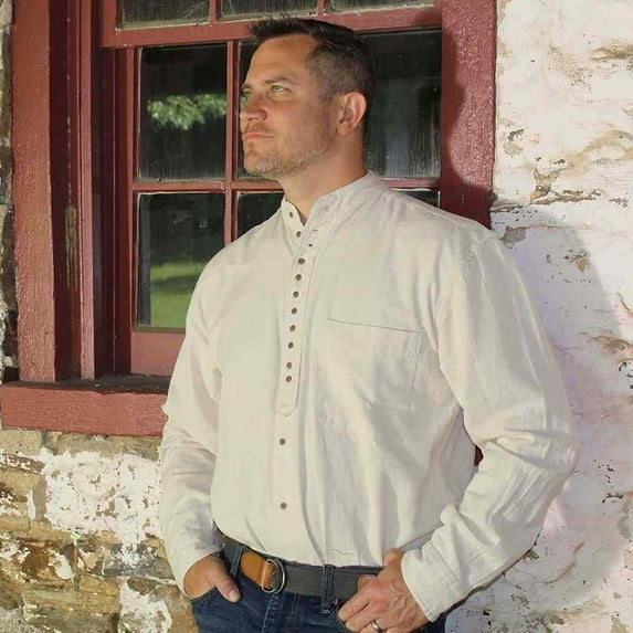 Men's Irish Grandfather Shirt- Long Sleeve, Stone, Medium