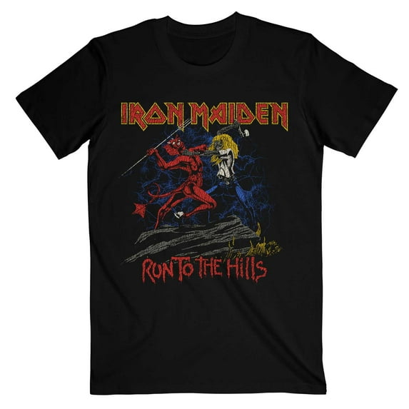 Men's Iron Maiden Number of the Beast Run To The Hills Distress Slim Fit T-shirt Medium Black