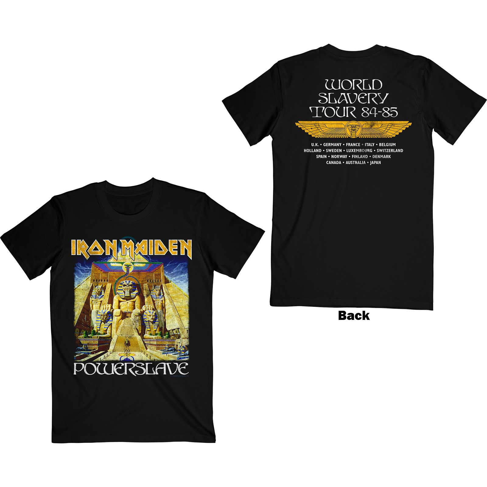Men's Iron Maiden Powerslave World Slavery Tour (Back Print) Slim Fit  T-shirt Large Black
