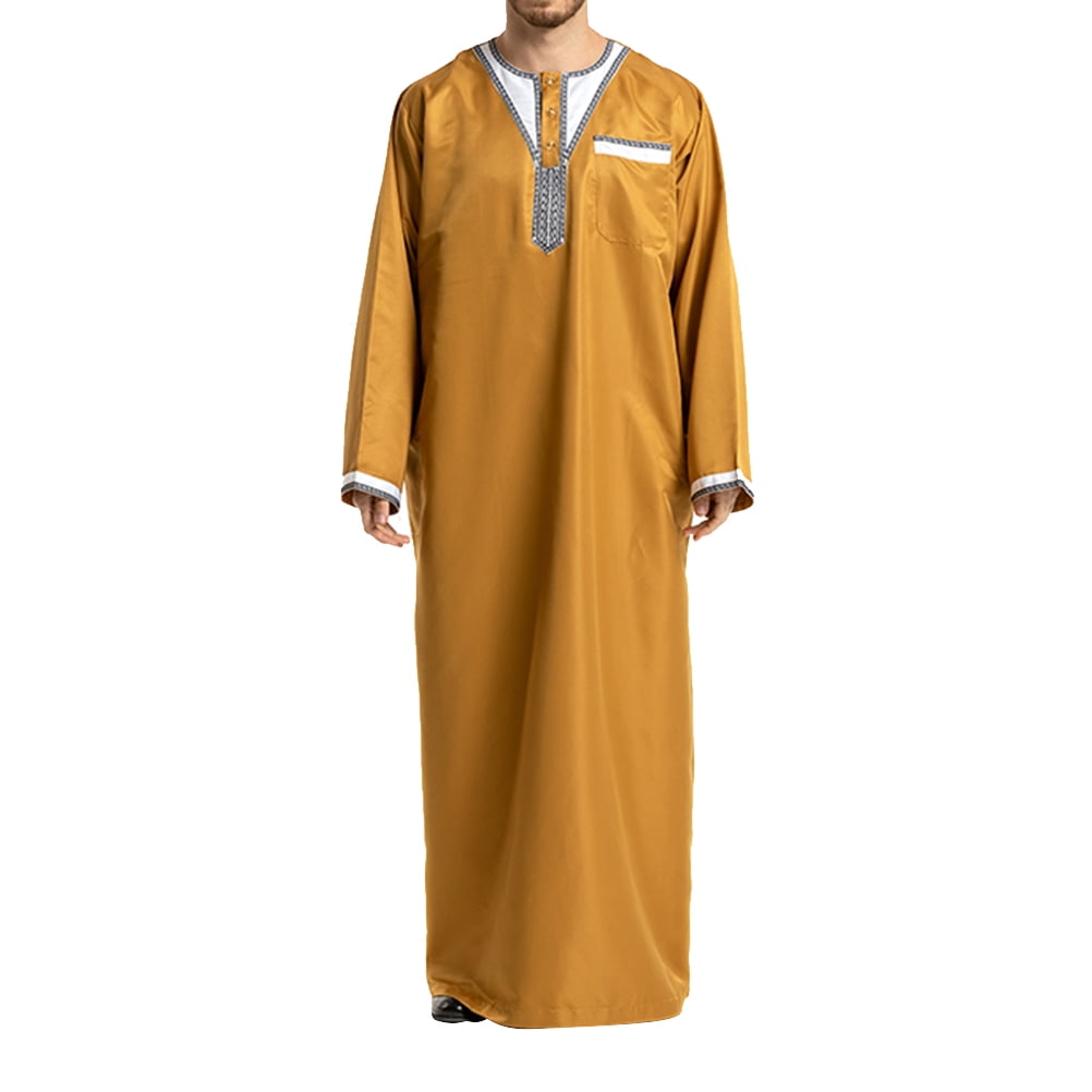 Men's Islamic Thobe Round Collar Splicing Long Sleeve Arab Muslim Wear