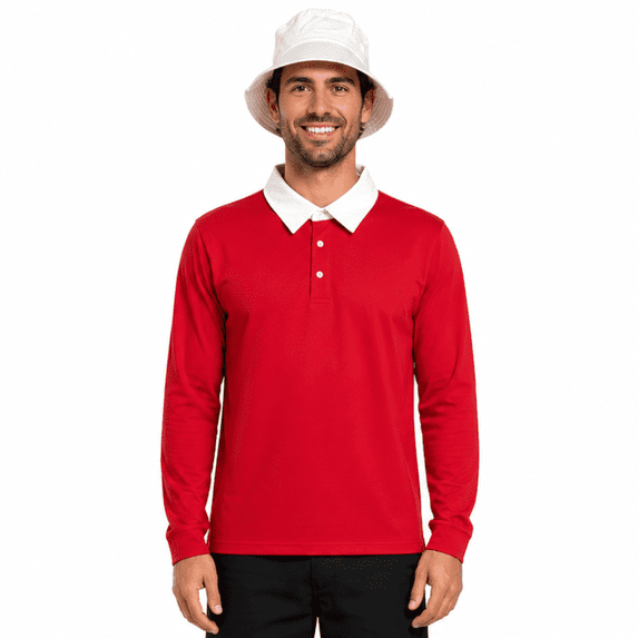 Men's Island Castaway Halloween Costume Set Red Polo Shirt & White Bucket Hat