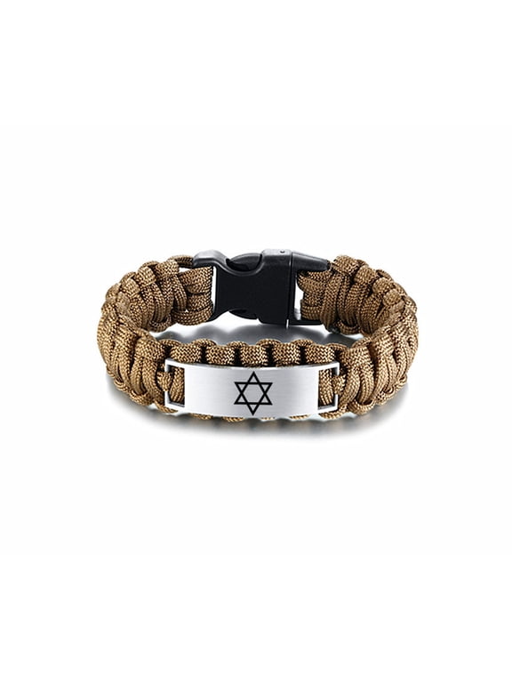 Men's Israeli & Jewish Jewelry - Handmade Survival Paracord Star of David Cuff Bracelet, Religious Jerusalem Magen David Star Personalized Engraved Israel Faith Bangle for Judaica,Brown,9 Inch