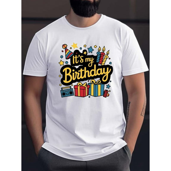 Men's "It's My Birthday" Celebration Tee - Casual Round Neck, Short Sleeve, Lightweight Cotton Summer Shirt with Festive Geometric Print, Machine WashableSizes
