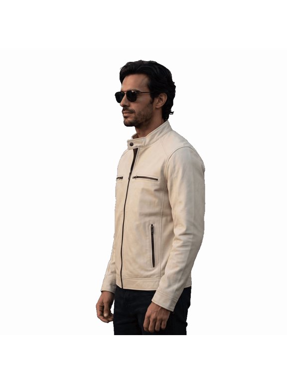 Men's Ivory Bomber Leather Outerwear Jacket