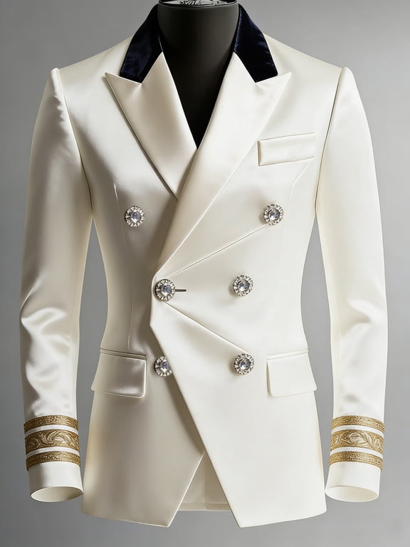Men's Ivory Satin Double-Breasted Blazer, Slim Fit Suit Jacket with Crystal Buttons & Gold Embroidered Cuffs for Wedding Groomsmen Business Party