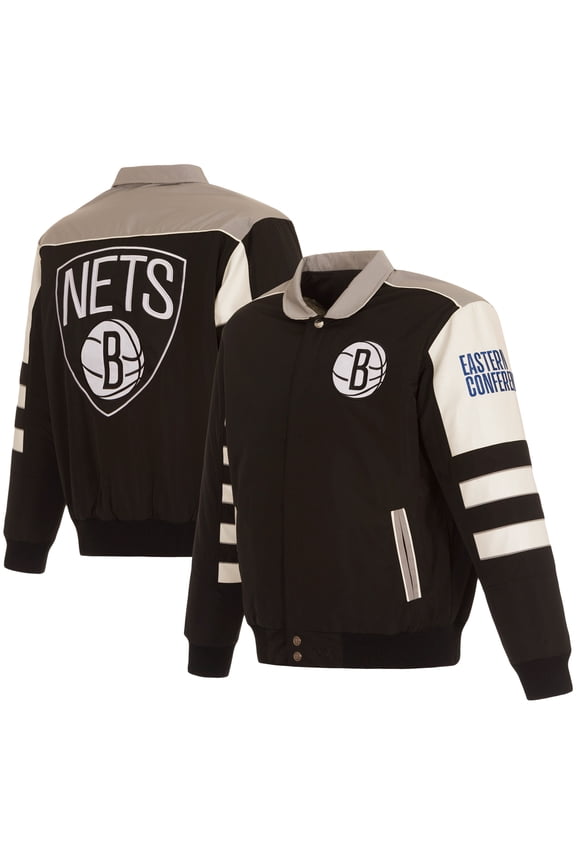 Men's JH Design Black Brooklyn Nets Stripe Colorblock Nylon Reversible Full-Snap Jacket