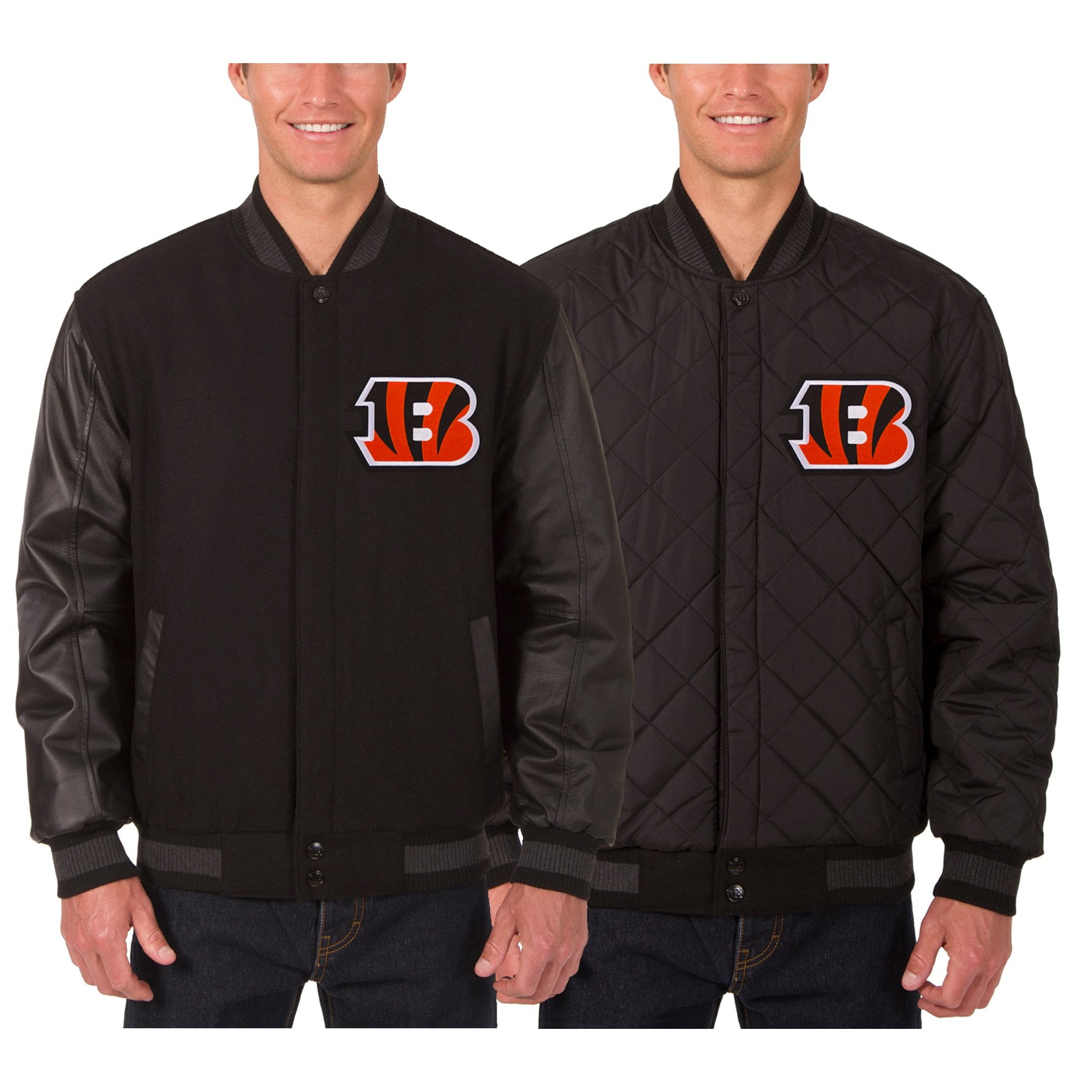 Men's JH Design Black Cincinnati Bengals Wool & Leather Reversible Jacket  with Embroidered Logos 