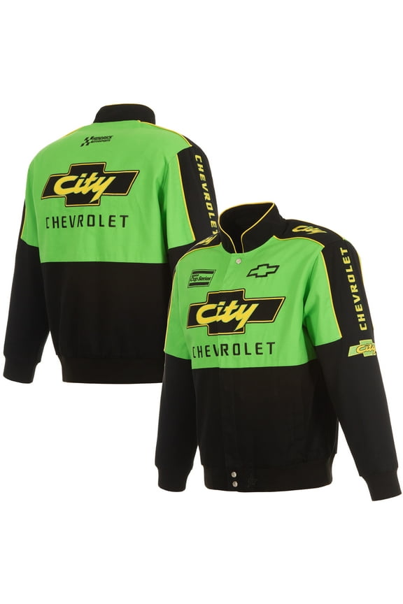 Men's JH Design Black/Green NASCAR City Chevrolet Legend Full-Snap Twill Uniform Jacket