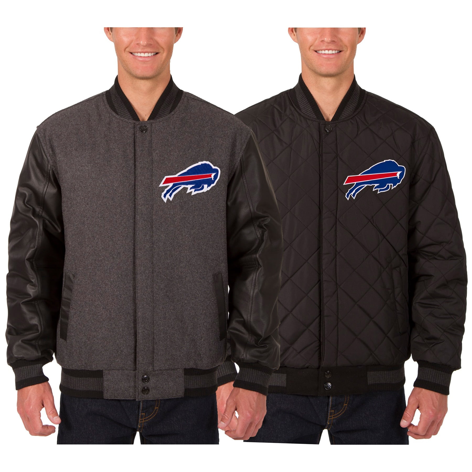 Men's JH Design Charcoal Buffalo Bills Wool & Leather Reversible Jacket with Embroidered Logos Size: Small