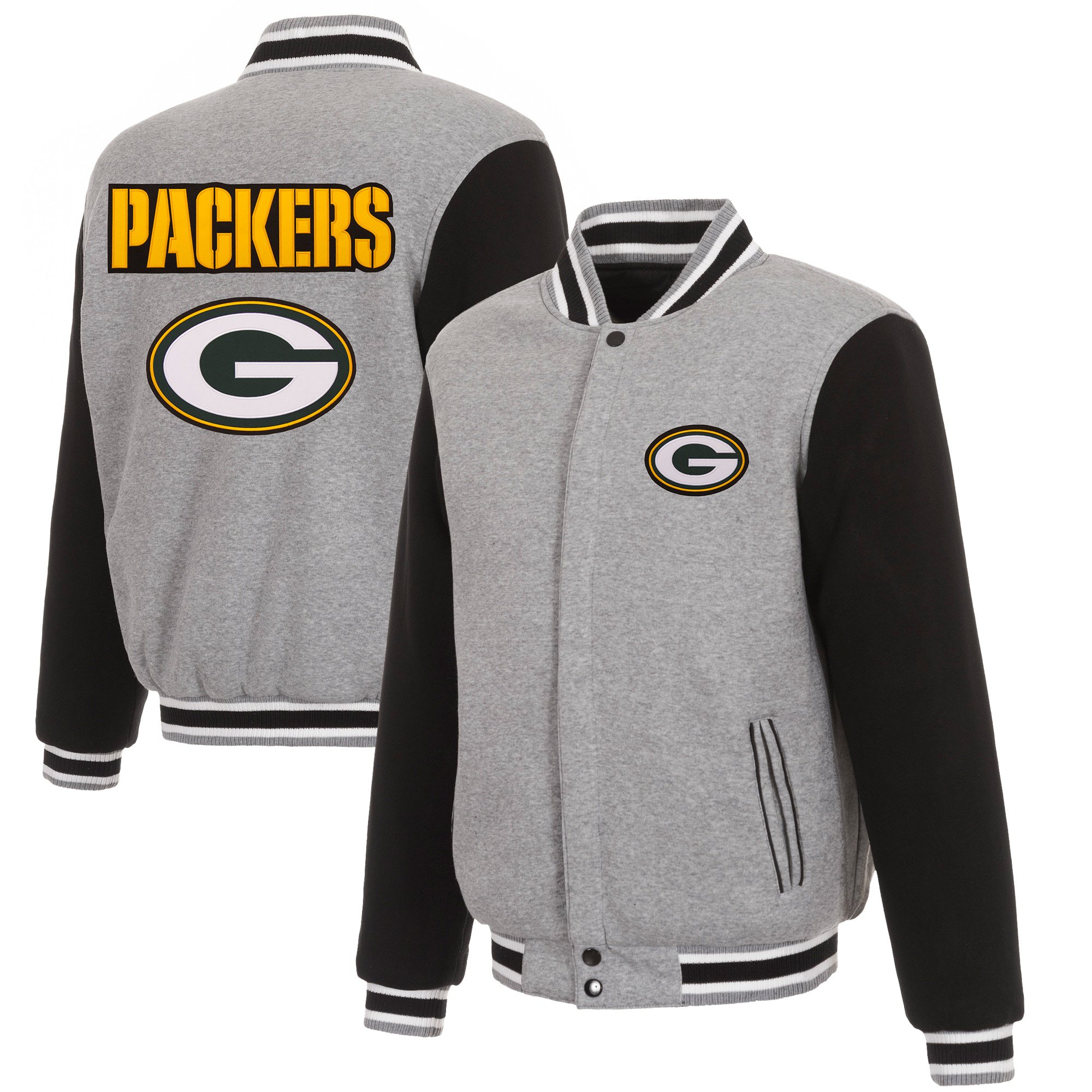 Men's JH Design Gray/Black Green Bay Packers Reversible Fleece Full-Snap  Jacket 