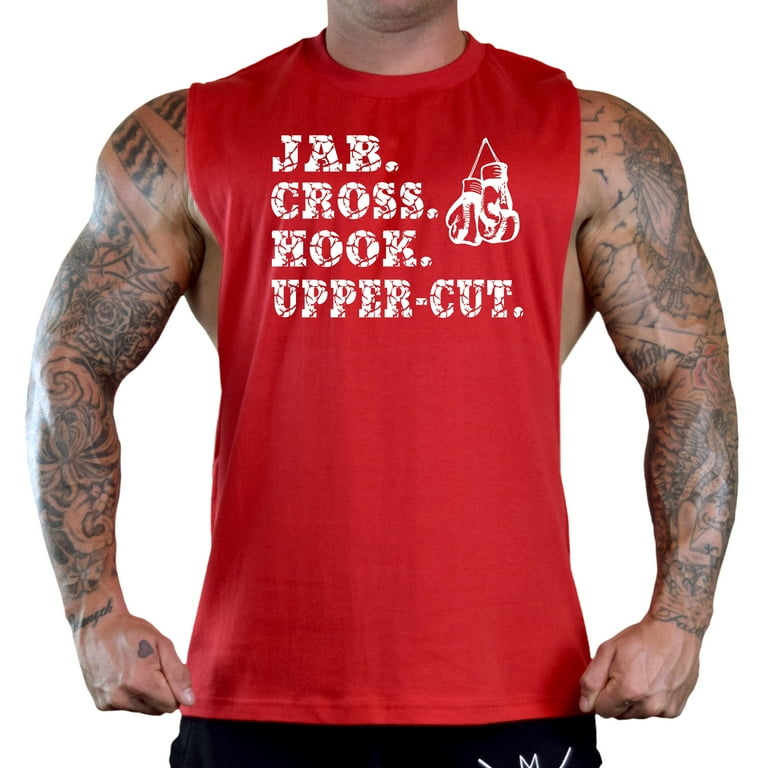 Men's Jab. Cross. Hook. Upper-Cut. Boxing Gloves Red Deep Cut T-Shirt Tank  Top Large Red 
