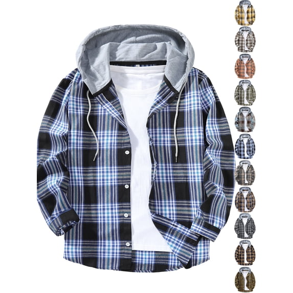 Men's Jacket Dqueduo Men's Casual Patchwork Plaid Hooded Button Long Sleeve Shirt Jacket, Sizes S-XXL