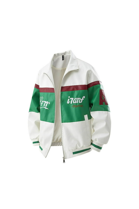 Men's Jacket Embroidered Color Blocked Motorcycle Suit Zipper Button Pocket Ieather Long Sleeve Stand-up Faux Leather Outwear Jacket