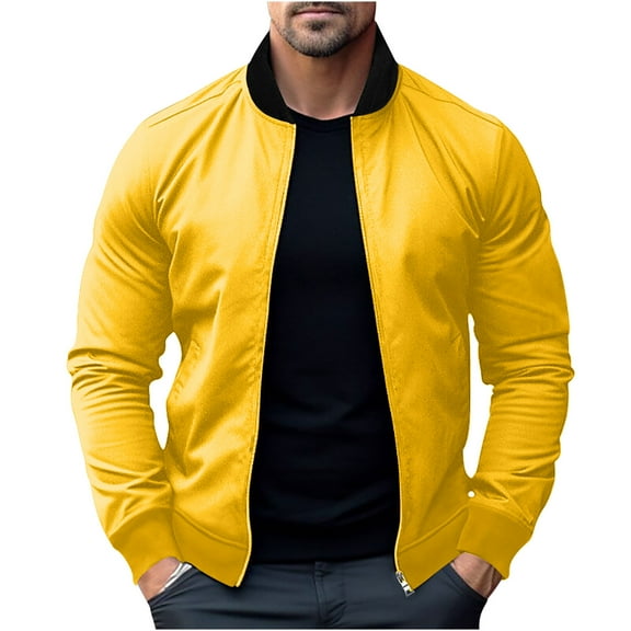 Men's Jacket Fashion Stand Collar Lightweight Jackets Casual Solid Color Full Zip Coat with Pockets Yellow L