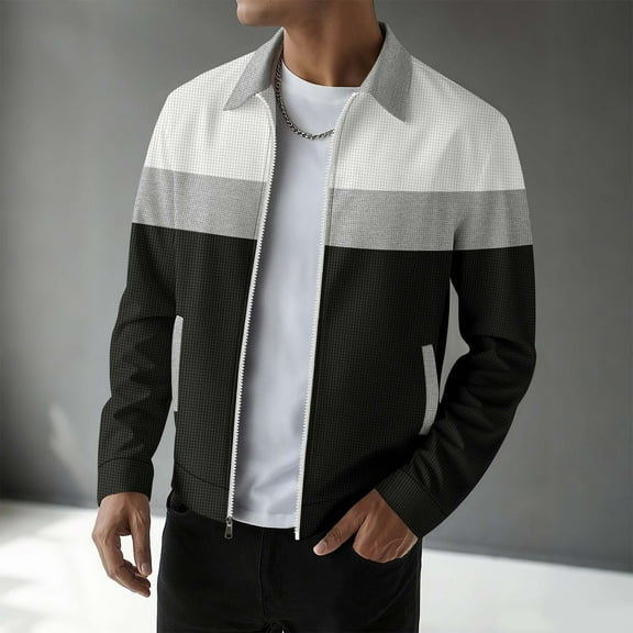 Men's Jacket Lightweight Waffle Knit Jacket Color Block Zip Up Tops with Pockets Casual Spring Fall Coats for Outdoor Golf