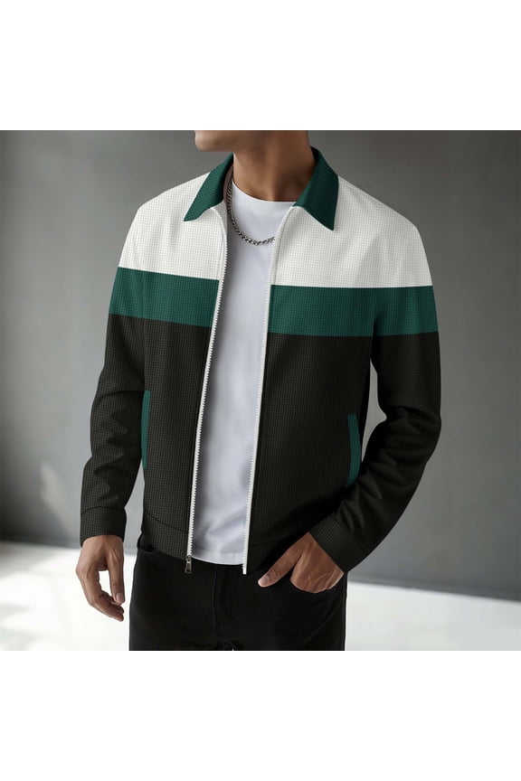 Men's Jacket Lightweight Waffle Knit Jacket Color Block Zip Up Tops with Pockets Casual Spring Fall Coats for Outdoor Golf