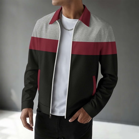 Men's Jacket Lightweight Waffle Knit Jacket Color Block Zip Up Tops with Pockets Casual Spring Fall Coats for Outdoor Golf