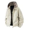 Men's Jacket Long Sleeve Plaid Patchwork Hooded Zipper Drawstring Cardigan Work Jackets Coat with Pockets (XL, White)