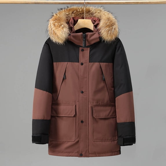 Men's Jacket Man Color-Blocked Warm Zipper Button Large-Pocket Stand-Up Collar Long Sleeve Hooded Jacket Parkas Jacket Men Jackets for Men Light Jackets for Men Winter Jackets for Men Coats for Men