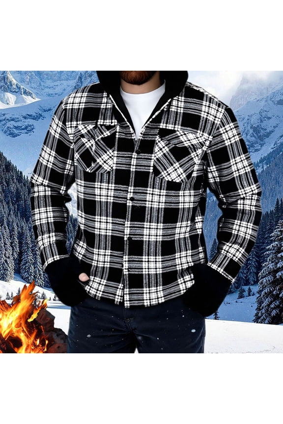 Men's Jacket Mens Lightweight Jackets Fleece Lined Plaid Hooded Casual Stylish Jacket Warm Winter Button Down Drawstring Flannel Coats with Pockets Thermal Long Sleeve Outerwear