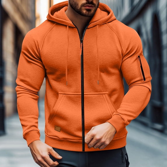 Men's Jacket Orange Zip Up Hooded Jacket Fall Winter Long Sleeve Pocket Men Clothes