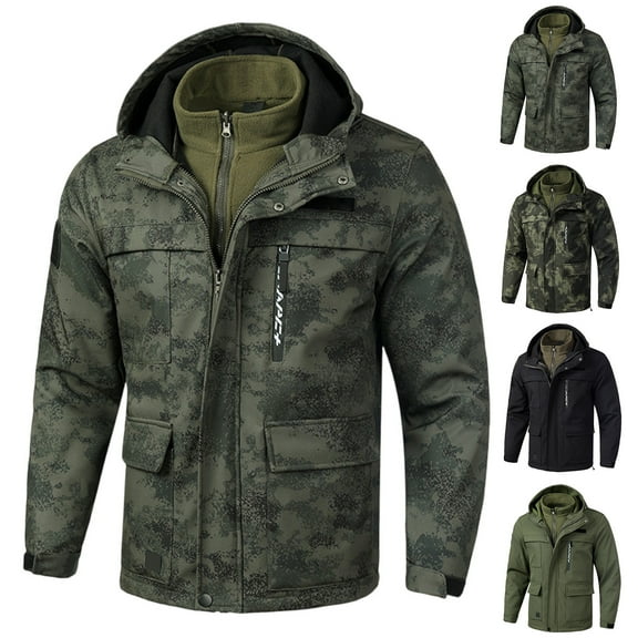 Men's Jacket Thickened Fleece Cold Proof Warm Mountaineering Double Layer Three-in-One Jacket for Winter Outdoor Activities Christmas,Army Green,M