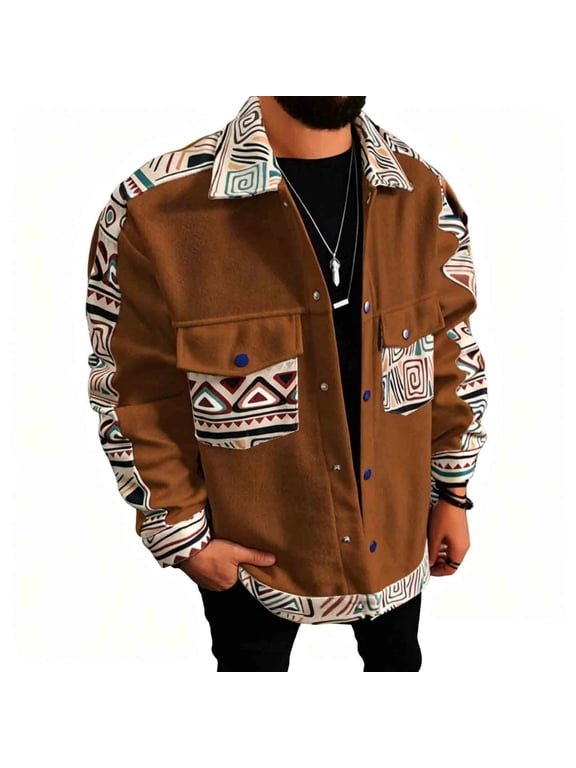 Men's Jacket Vintage Western Aztec Collared Button Down Cowboy Shirts Jackets Patchwork Retro Ethnic Graphic Long Sleeve Shackets Casual Outerwear Fall Winter Coats for Men