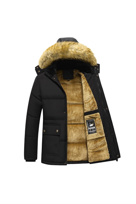 Men's Jacket Warm Winter Coat for Middle Elderly Lightweight Padded Outerwear with Detachable Hood