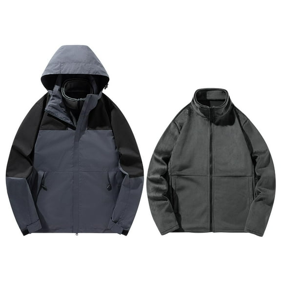 Men's Jacket Waterproof Coat Hooded Outdoor Solid Windproof Removable Inner Liner Pocket Zipper Jacket