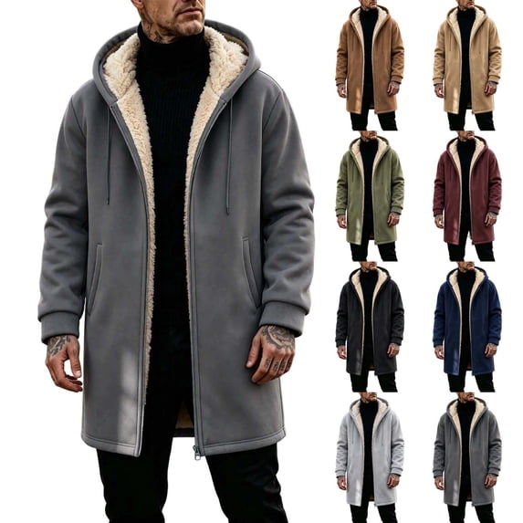 Mens Fleece Full Zip Hoodie Casual Solid Color Outdoor Pocket Long Sleeve Warm Hoodie Coat