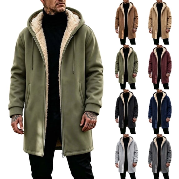 Mens Fleece Full Zip Hoodie Casual Solid Color Outdoor Pocket Long Sleeve Warm Hoodie Coat