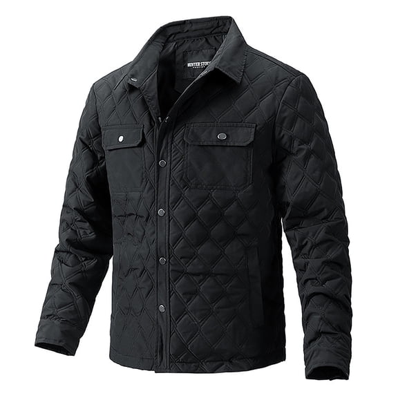 Men's Jacket Winter Warm Plaid Casual Coat Lightweight Padded Outerwear Double Pocket Lapel Cardigan Long Sleeve Hoodless