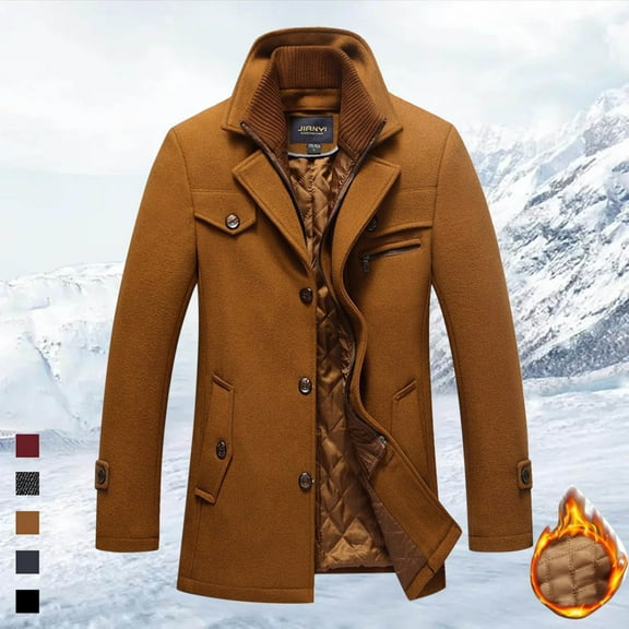 Men's Jacket Winter Zipper Woolen Double Neck Mid Length High Quality Polyester Comfortable Breathable Durable