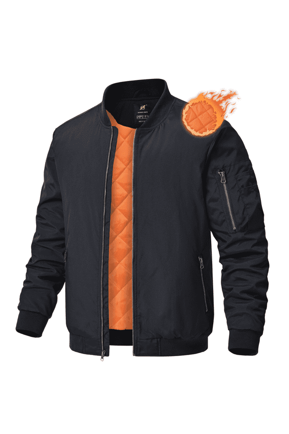 Men's Jackets-Bomber Jacket Fall Winter Warm Windbreaker Full Zip Casual Windproof Outdoor Coats Black L