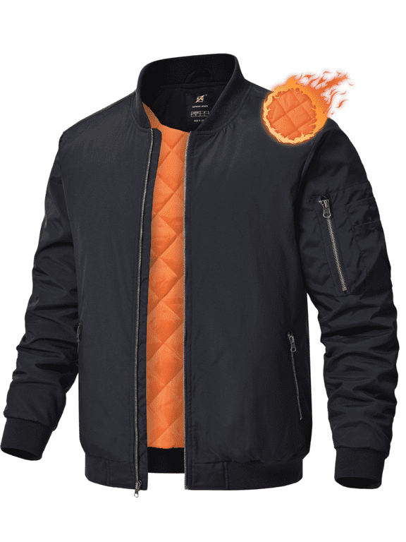 Men's Jackets-Bomber Jacket Fall Winter Warm Windbreaker Full Zip Casual Windproof Outdoor Coats Black XL