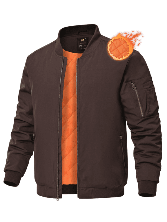 Men's Jackets-Bomber Jacket Fall Winter Warm Windbreaker Full Zip Casual Windproof Outdoor Coats Coffee L