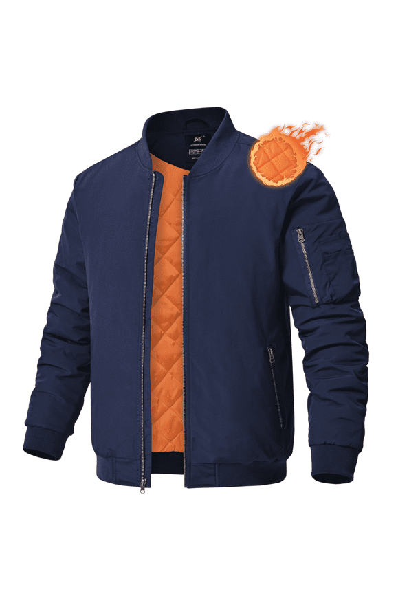 Men's Jackets-Bomber Jacket Fall Winter Warm Windbreaker Full Zip Casual Windproof Outdoor Coats Navy L