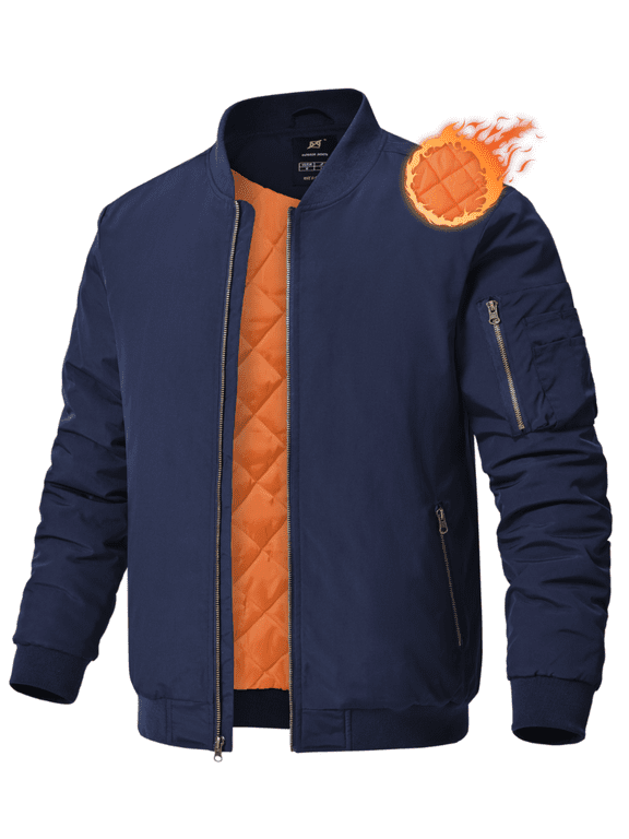 Men's Jackets-Bomber Jacket Fall Winter Warm Windbreaker Full Zip Casual Windproof Outdoor Coats Navy M